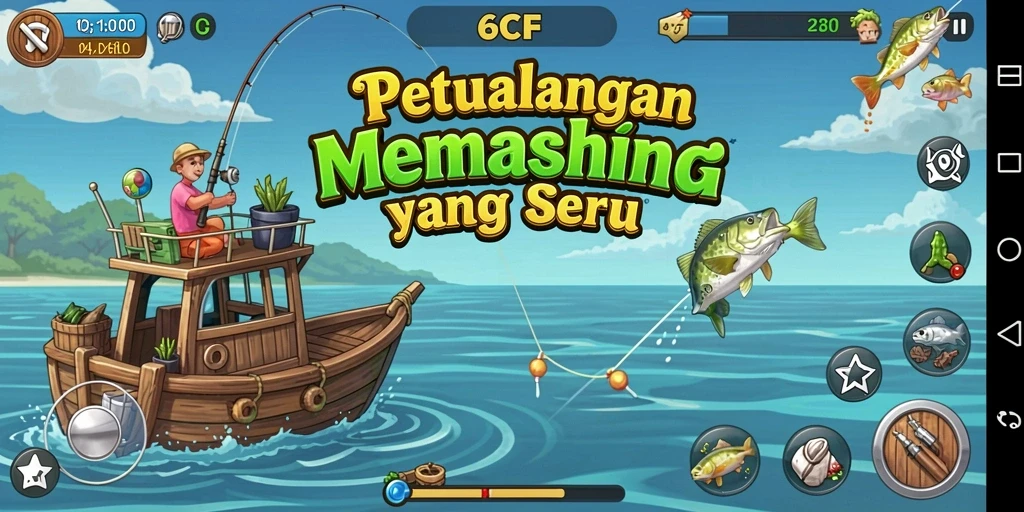 Screenshot dari 6CF menampilkan momen seru saat memancing ikan besar.