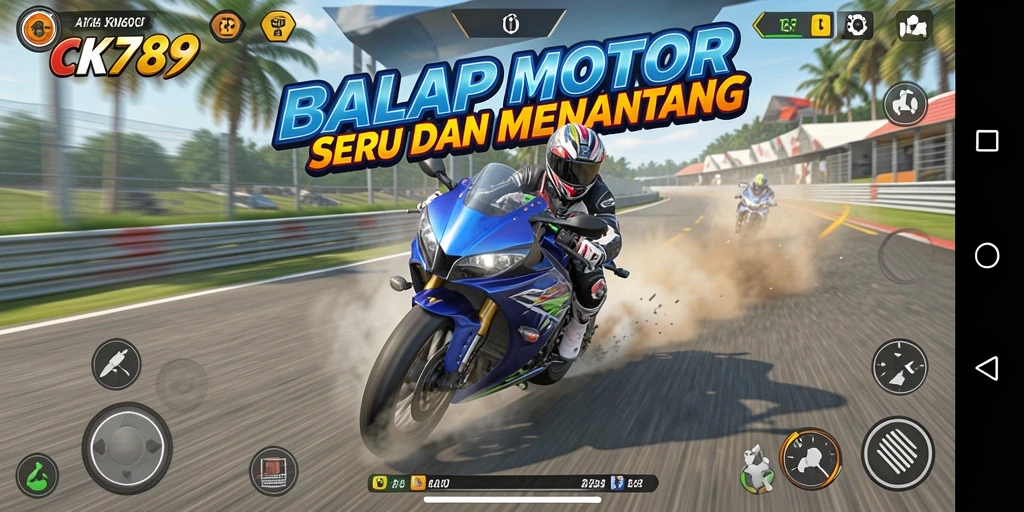 Screenshot gameplay CK789 menunjukkan balapan motor yang mendebarkan.