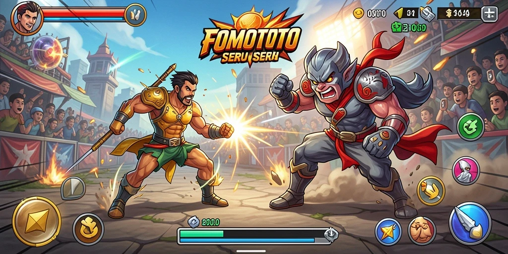 Tangkapan layar FOMOTOTO menampilkan pertarungan intens dengan grafis yang memukau.