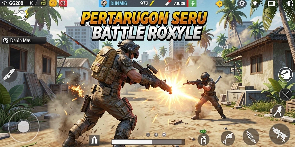 Screenshot gameplay GG288 menampilkan aksi seru dan pertarungan intens dalam Battle Royale.