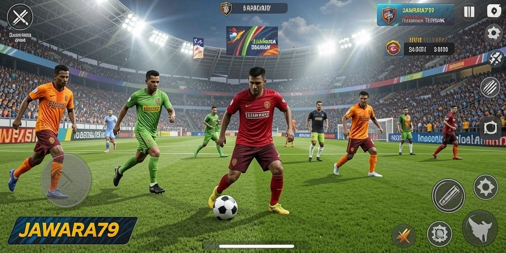 Tangkapan layar utama JAWARA79 menampilkan gameplay seru dalam pertandingan olahraga.