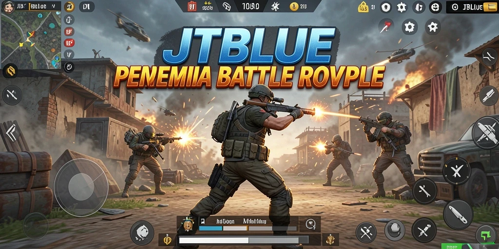 Screenshot utama JTBLUE menampilkan aksi mendebarkan dalam Battle Royale.