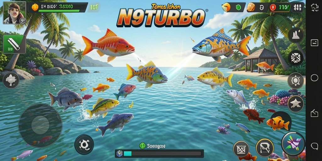 Tampilan menarik gameplay N9TURBO saat menangkap berbagai ikan.