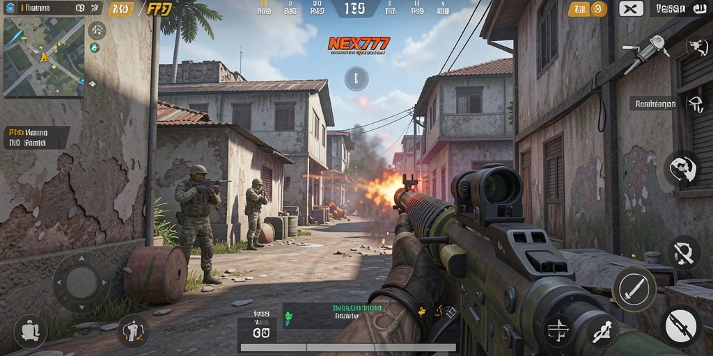 Screenshot menampilkan pertempuran intens di NEX777 dengan grafis menakjubkan.