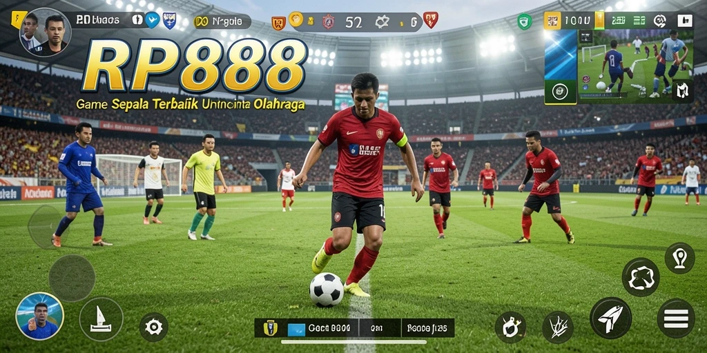 Tampilan utama gameplay RP888 menunjukkan aksi pertandingan sepak bola yang menegangkan.