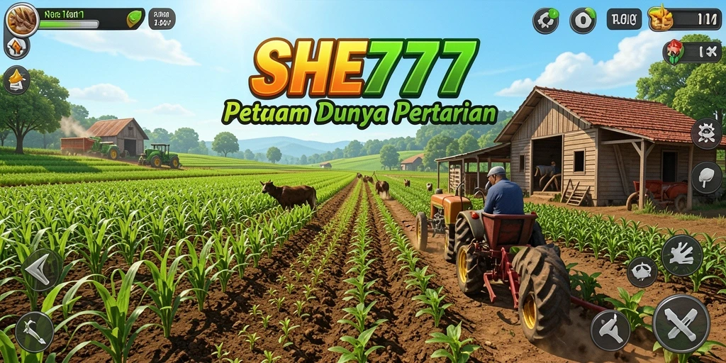 Tampilan gameplay SHE777 menampilkan aktivitas bertani yang seru dan interaktif.