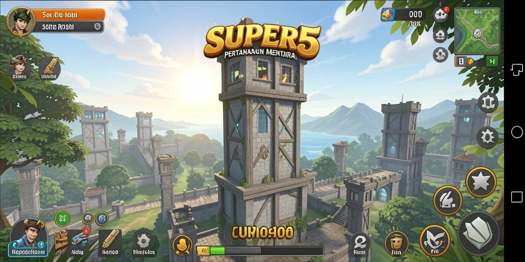 Tampilan gameplay SUPER5 menampilkan strategi menara pertahanan yang seru.