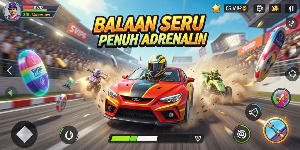 Screenshot gameplay SVIP6 yang menampilkan balapan dramatis dan mobil kencang.